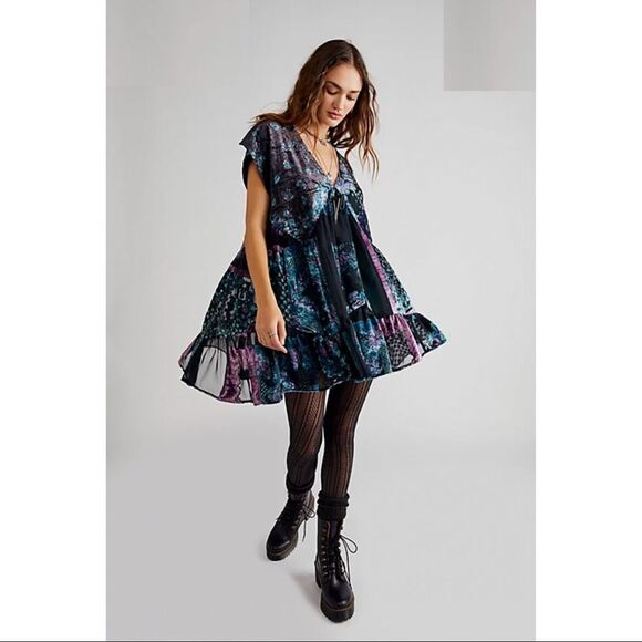 Free People Mended Scarves Velvet Mini Dress Purple XS NWOT - Picture 1 of 9